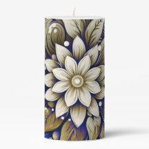 Gold on Blue Floral Pillar Candle