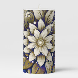 Gold on Blue Floral Pillar Candle