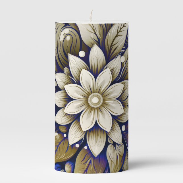 Gold on Blue Floral Pillar Candle (Front)