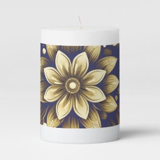 Gold on Blue Floral Pillar Candle