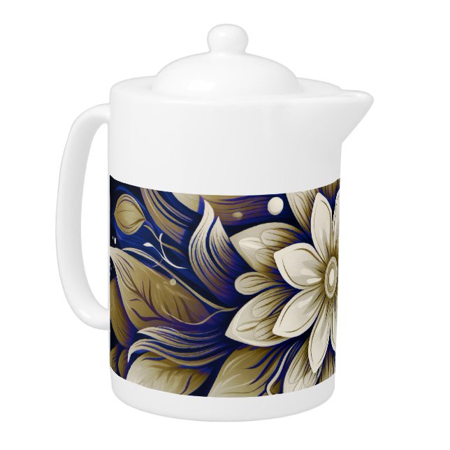 Gold on Blue Floral Teapot (Left)