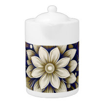 Gold on Blue Floral Teapot