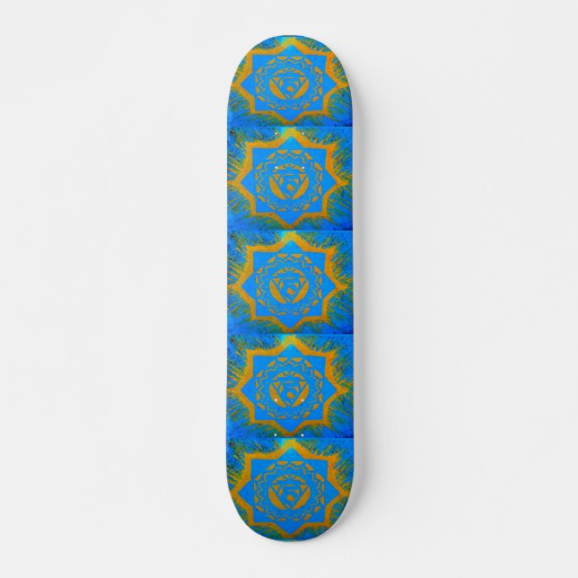 gold on blue tantric symbol skateboard deck (Front)