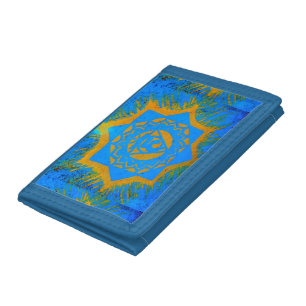 gold on blue tibetan design tri-fold wallet