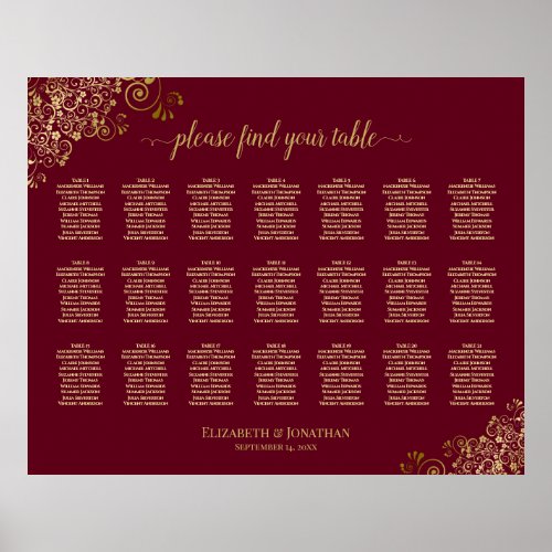Gold on Burgundy 21 Table Wedding Seating Chart