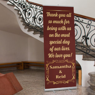 Gold on Burgundy Art Deco Wedding Retractable Banner