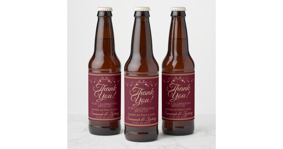 Gold on Burgundy Maroon Wedding Thank You Beer Bottle Label | Zazzle