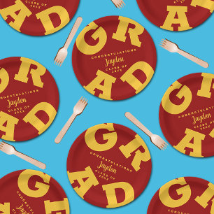 Gold on Cardinal Red Bold Graduation Paper Plates