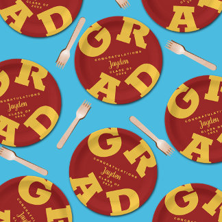 Gold on Cardinal Red Bold Graduation Paper Plates