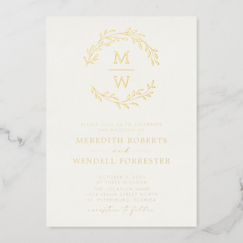 Gold on Cream Monogram Wreath Wedding Foil Invitation