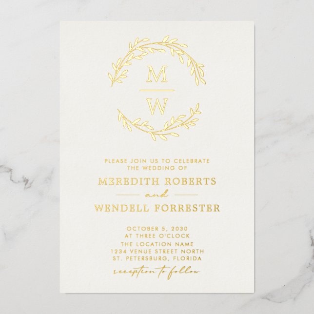 Gold on Cream Monogram Wreath Wedding Foil Invitation (Front)