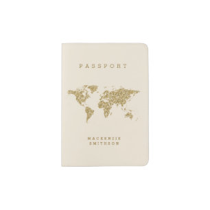 Gold on Cream World Map Personalized Passport Holder