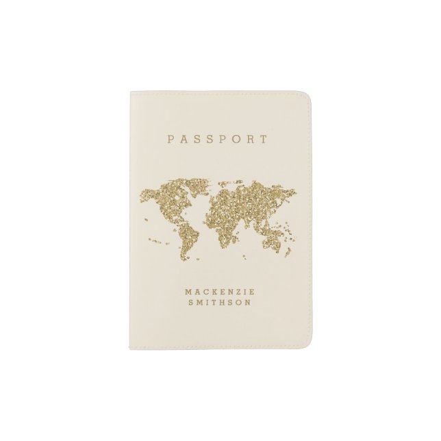 Gold on Cream World Map Personalized Passport Holder (Front)