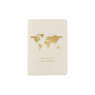 Gold on Cream World Map Professional Minimalist Passport Holder