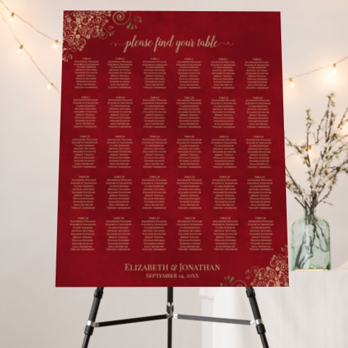 Gold on Crimson Red 30 Table Wedding Seating Chart Foam Board