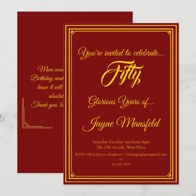 Gold on Deep Red Birthday Party Invitation (Front/Back)