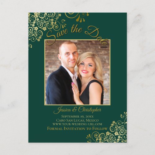 Gold on Emerald Green Wedding Save the Date Photo Announcement Postcard