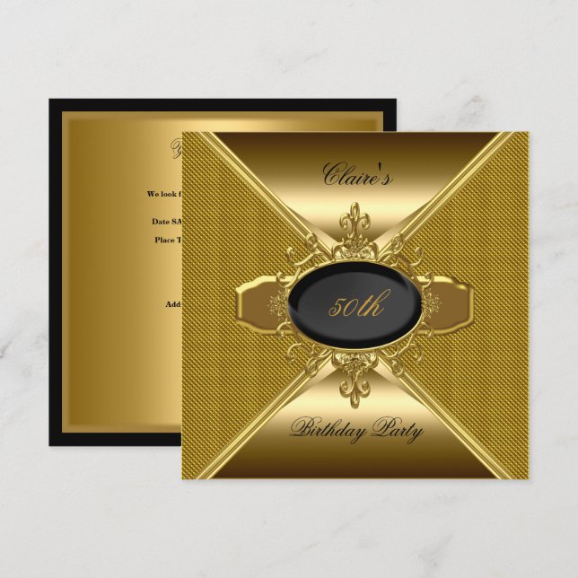 Gold On Gold Black 50th Birthday Party 3 Invitation (Front/Back)
