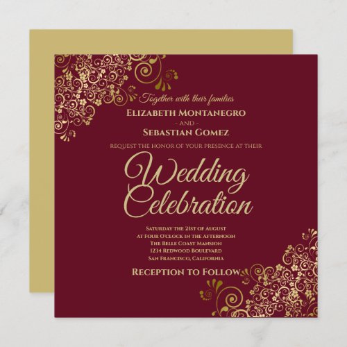 Gold on Maroon Simple Elegant Square Wedding Invitation