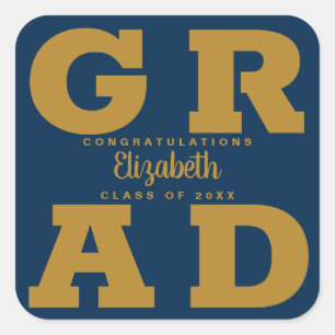 Gold on Navy Blue Bold Graduation Party Square Sticker