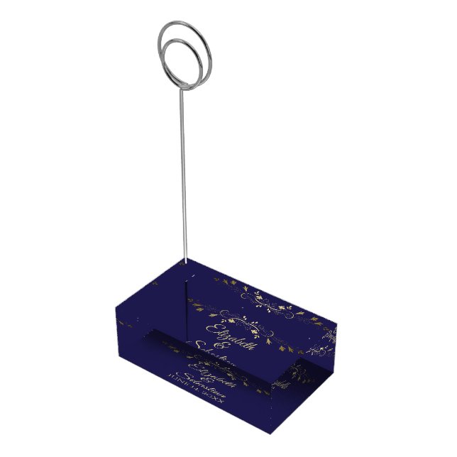 Gold on Navy Blue Elegant Wedding Table Place Card Holder (Corner)
