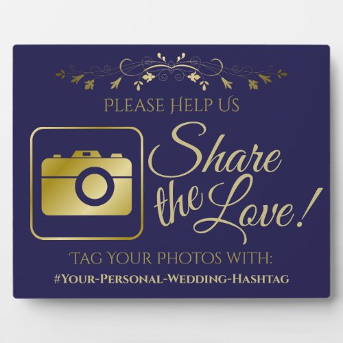 Gold on Navy Blue Wedding Photo Share Hashtag Sign Plaque