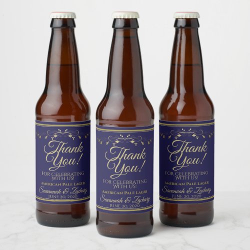 Gold on Navy Blue Wedding Thank You Beer Bottle Label