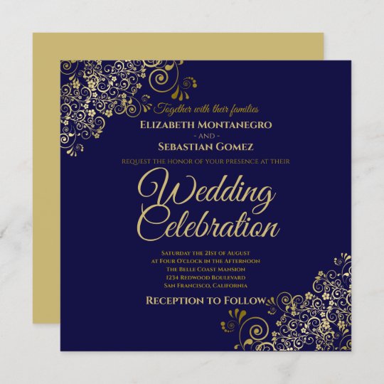 Gold On Navy Simple Elegant Square Wedding Invitation 