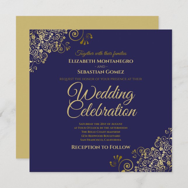 Gold on Navy Simple Elegant Square Wedding Invitation (Front/Back)