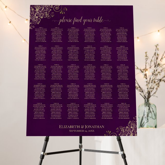 Gold on Plum Purple 30 Table Wedding Seating Chart Foam Board (In Situ (Stand))