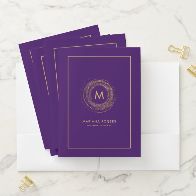 Gold on Purple Glitter Circle Designer Logo Pocket Folder (In Situ)