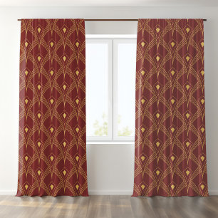 Gold On Red Art Deco Pattern Sheer Curtains