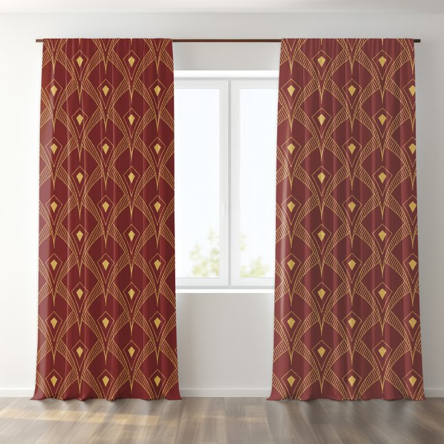 Gold On Red Art Deco Pattern Sheer Curtains (Creator Uploaded)