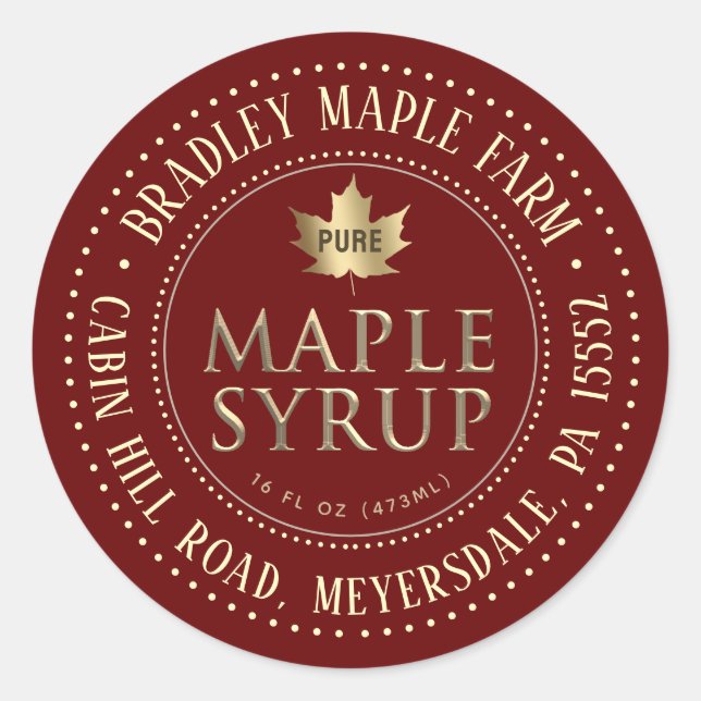 Gold on Red Dotted Border Maple Syrup Label (Front)