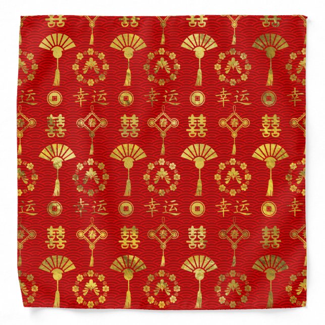 Gold on Red  Lucky Chinese Symbols  Pattern Bandana (Front)