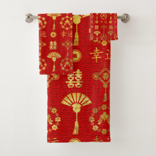 Gold on Red Lucky Chinese Symbols Pattern Bath Towel Set