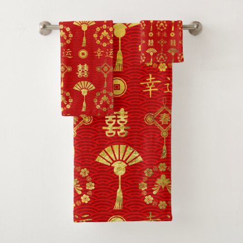 Gold on Red  Lucky Chinese Symbols  Pattern Bath Towel Set