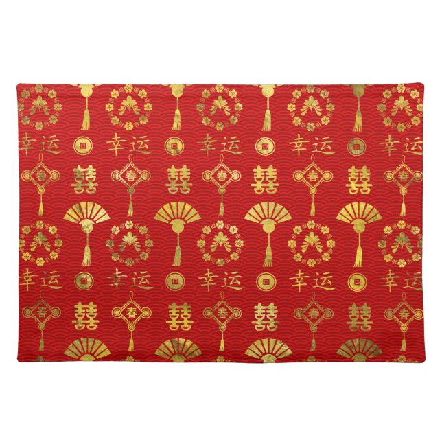 Gold on Red  Lucky Chinese Symbols  Pattern Cloth Placemat (Front)