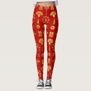 Gold on Red  Lucky Chinese Symbols  Pattern Leggings
