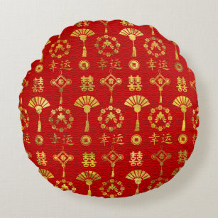 Gold on Red  Lucky Chinese Symbols  Pattern Round Pillow