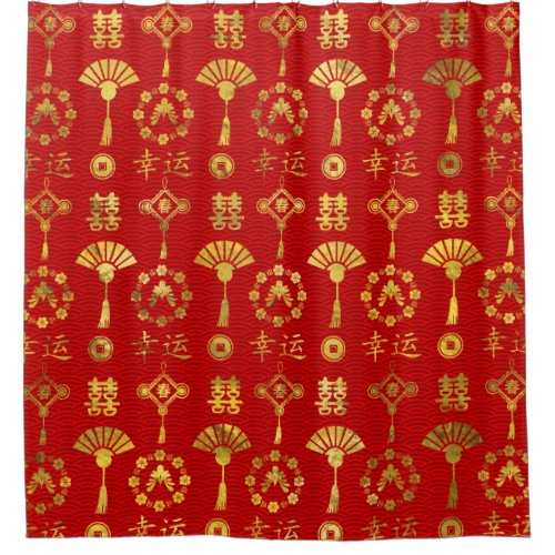 Gold on Red  Lucky Chinese Symbols  Pattern Shower Curtain