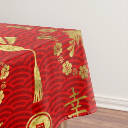 Gold on Red  Lucky Chinese Symbols  Pattern Tablecloth