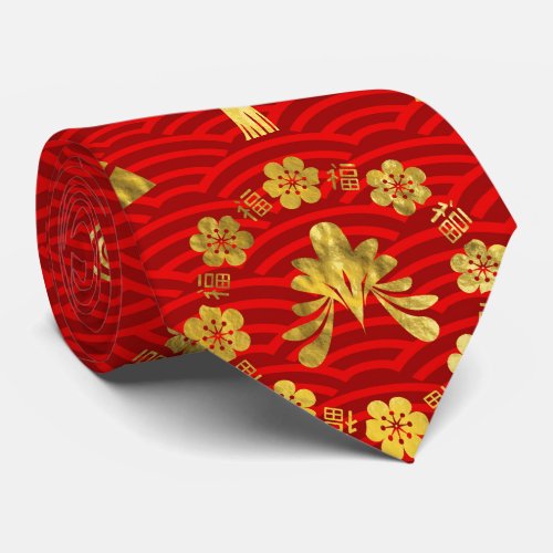 Gold on Red  Lucky Chinese Symbols  Pattern Tie