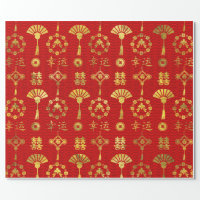 Chinese Lotus Oriental Asian Red Floral Pattern Wrapping Paper