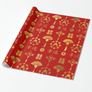 Gold on Red  Lucky Chinese Symbols  Pattern Wrapping Paper