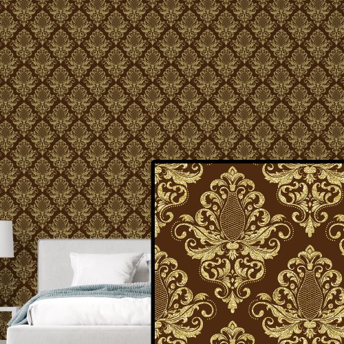 Gold on Rich Brown Classic Damask Pattern Wallpaper