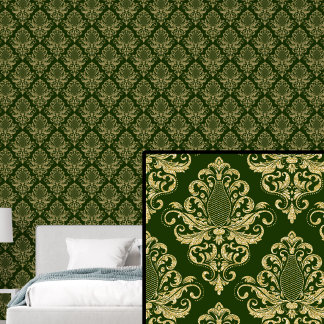 Gold on Rich Dark Green Classic Damask Pattern Wallpaper