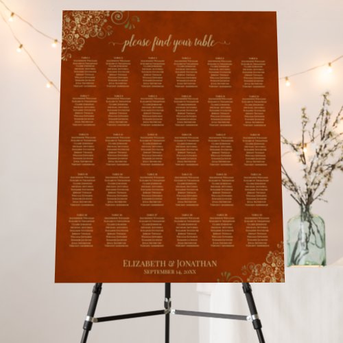 Gold on Rust Orange 30 Table Wedding Seating Chart Foam Board