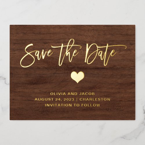 Gold on Rustic Wood Look and Heart  Save the Date Foil Invitation Postcard