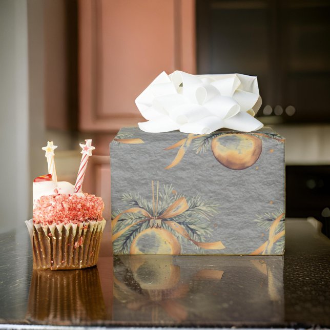 Gold on Steel Gray Christmas Tree Bulbs Ornaments Wrapping Paper (Creator Uploaded)